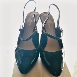 Via Spiga black patent leather sling back.
